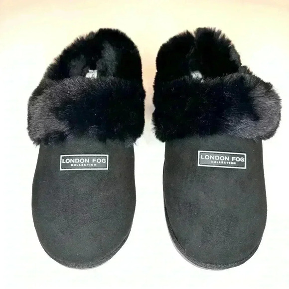 London Fog Womens JOSLYN FAUX FUR BLACK SLIPPERS (New Without Tags ) - Picture 2 of 7
